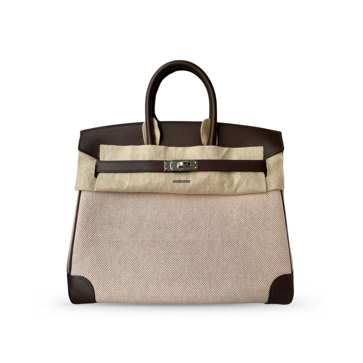 Tas Hermes Birkin 25 Toile Mocca PHW B Original di Luxehouze